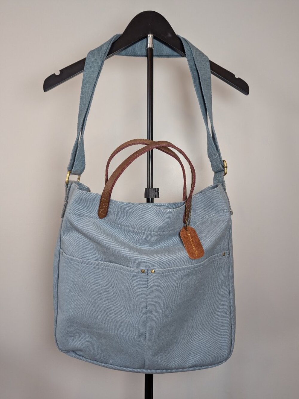 Canvas Slate Blue Tote with Brown Leather Handles and Inner Pockets - Unbranded